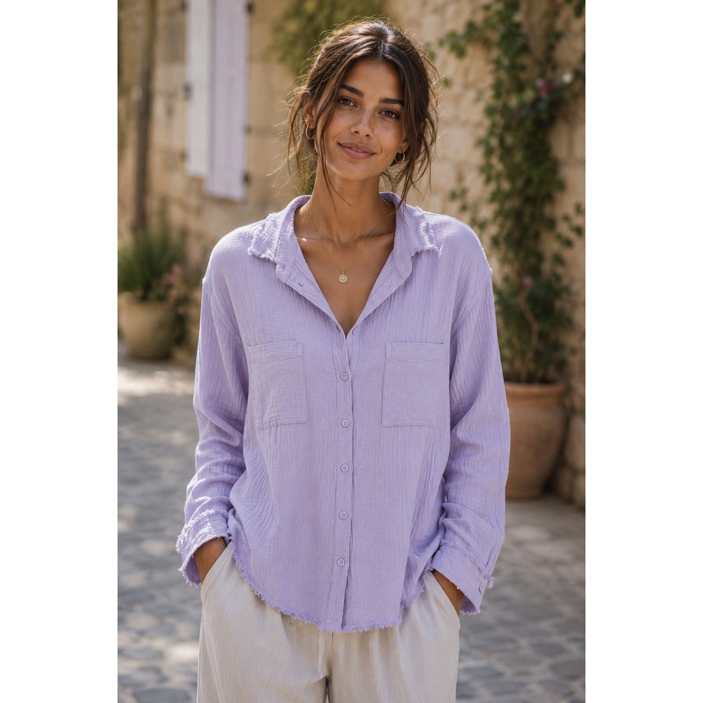 Miou Muse Lavender Cotton Gauze Top Laguna Beach Raw Edge Boho Soft Scandi Large